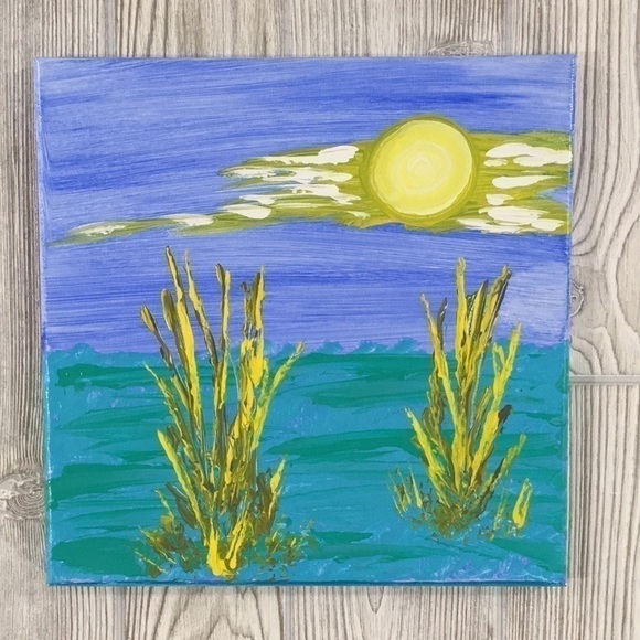 Handmade Other - Original Acrylic Painting Sunny Lagoon Beach Art 12x12
